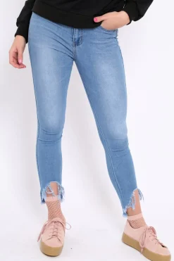 Rebellious Fashion Light Blue Denim Dip Hem Jeans - Carolina