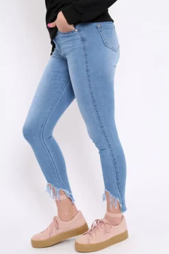 Rebellious Fashion Light Blue Denim Dip Hem Jeans - Carolina
