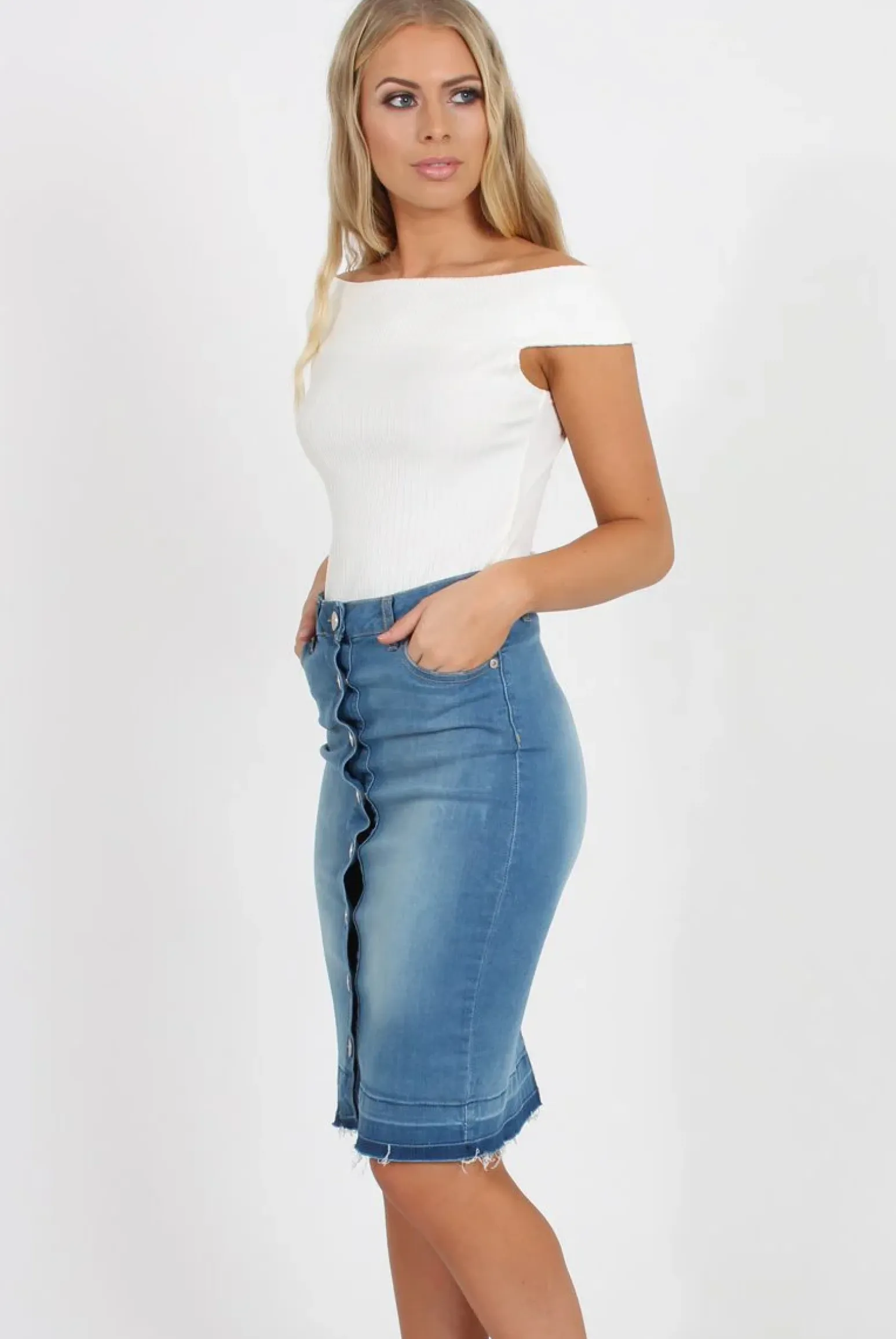 Rebellious Fashion Light Blue Denim Midi Skirt - Samantha