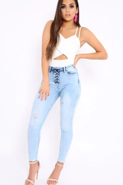 Rebellious Fashion Light Blue Denim Ripped Lace Up Jeans - Zadee