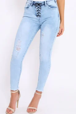 Rebellious Fashion Light Blue Denim Ripped Lace Up Jeans - Zadee
