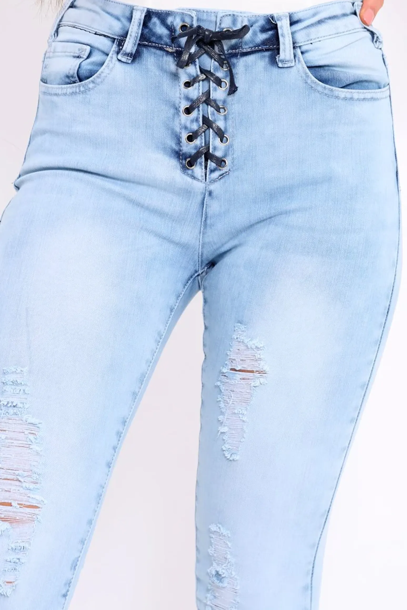 Rebellious Fashion Light Blue Denim Ripped Lace Up Jeans - Zadee