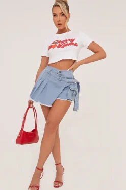 Rebellious Fashion Light Blue Denim Warp Over Pleat Detail Mini Skort - Margot