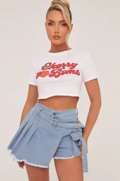 Rebellious Fashion Light Blue Denim Warp Over Pleat Detail Mini Skort - Margot