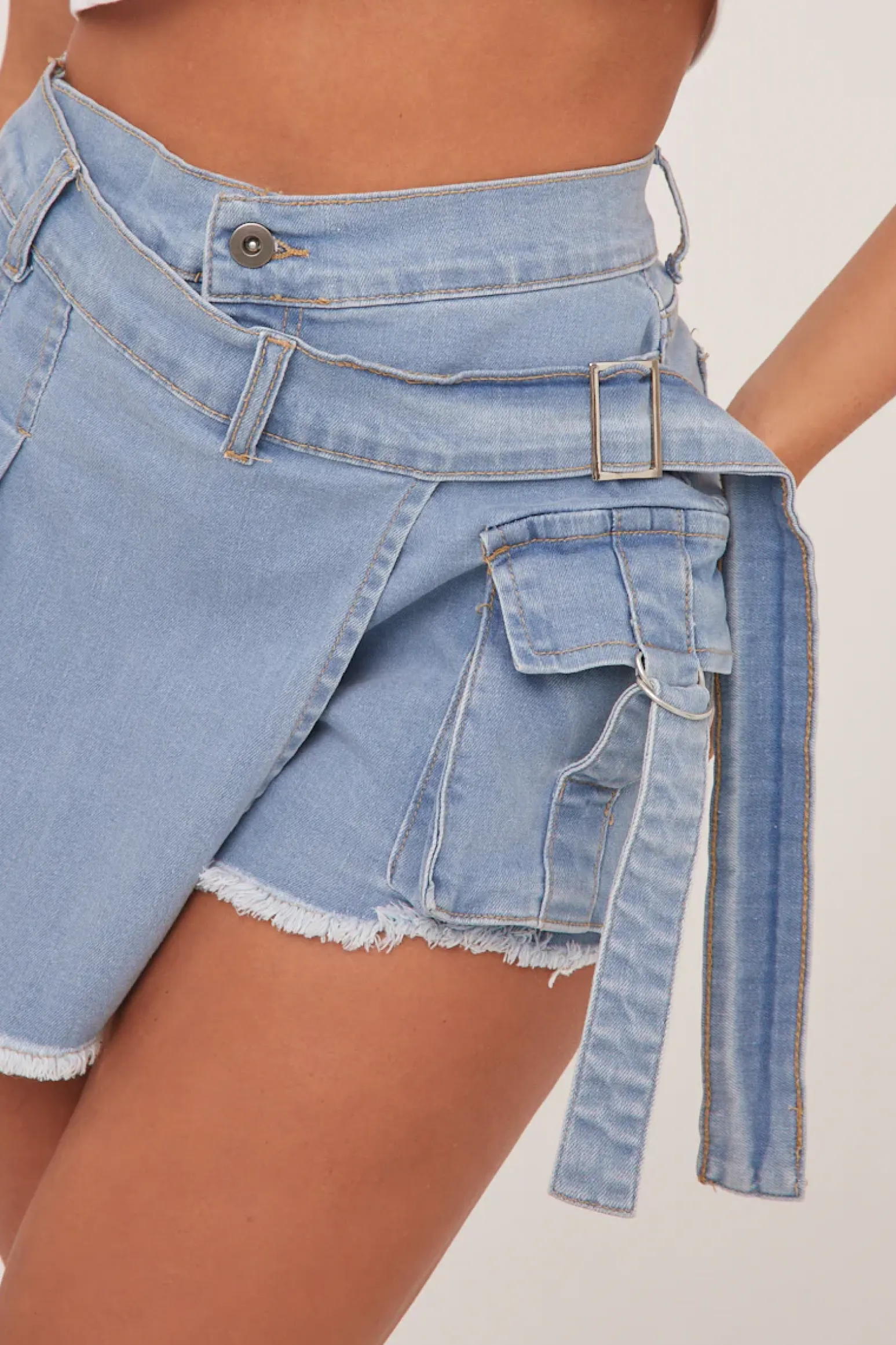 Rebellious Fashion Light Blue Denim Warp Over Pleat Detail Mini Skort - Margot