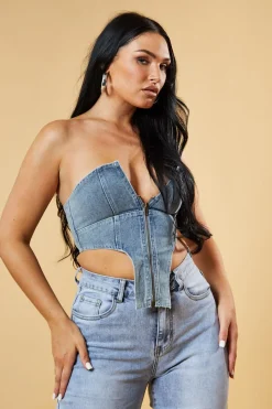 Rebellious Fashion Light Blue Denim Zip Front Corset Cropped Top - Dina
