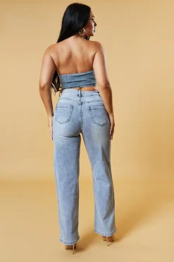 Rebellious Fashion Light Blue Denim Zip Front Corset Cropped Top - Dina