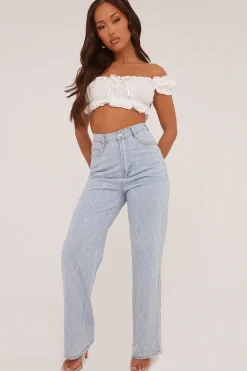 Rebellious Fashion Light Blue Diamante Detail Straight Leg Jeans - Imaan