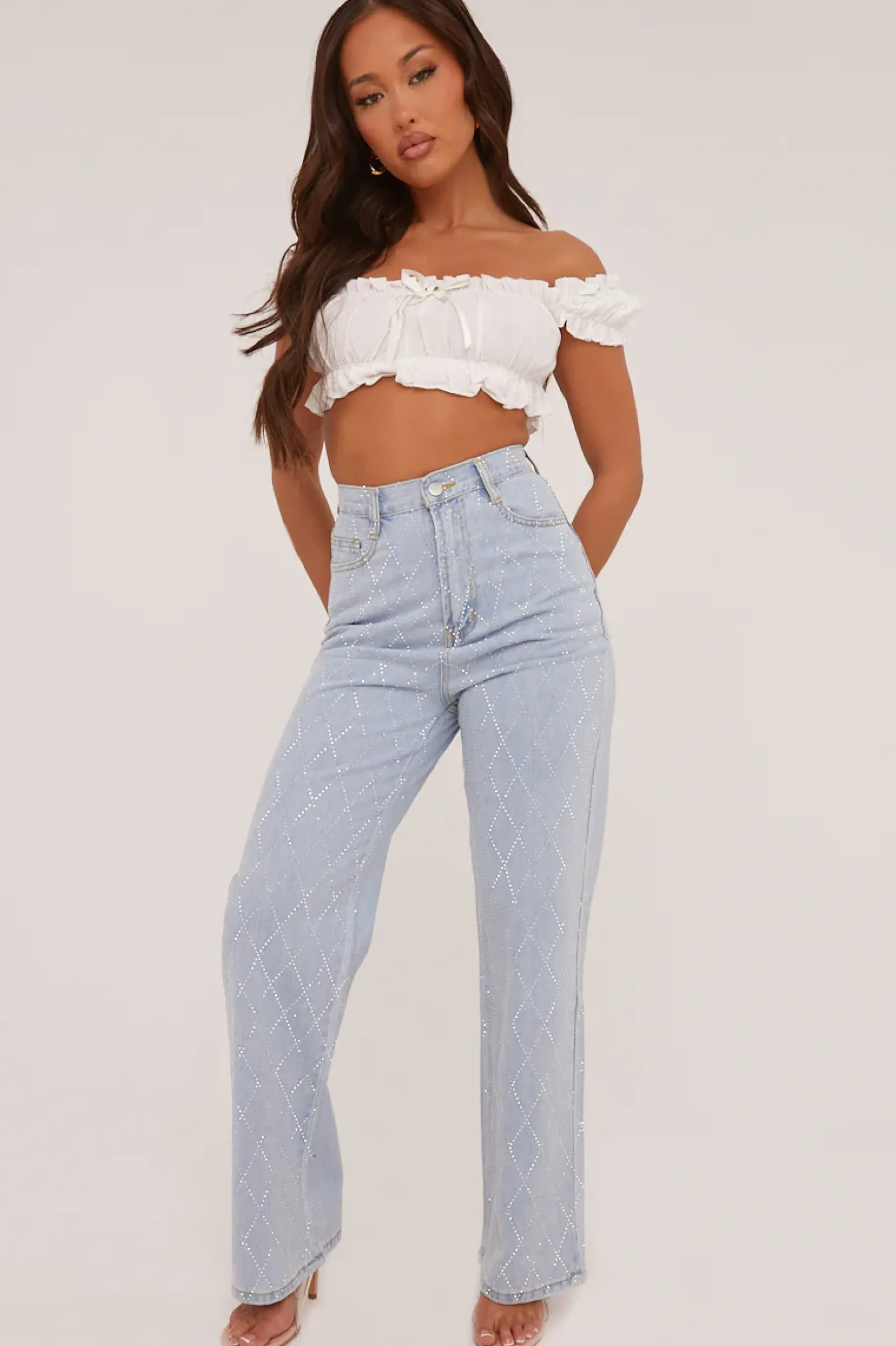 Rebellious Fashion Light Blue Diamante Detail Straight Leg Jeans - Imaan