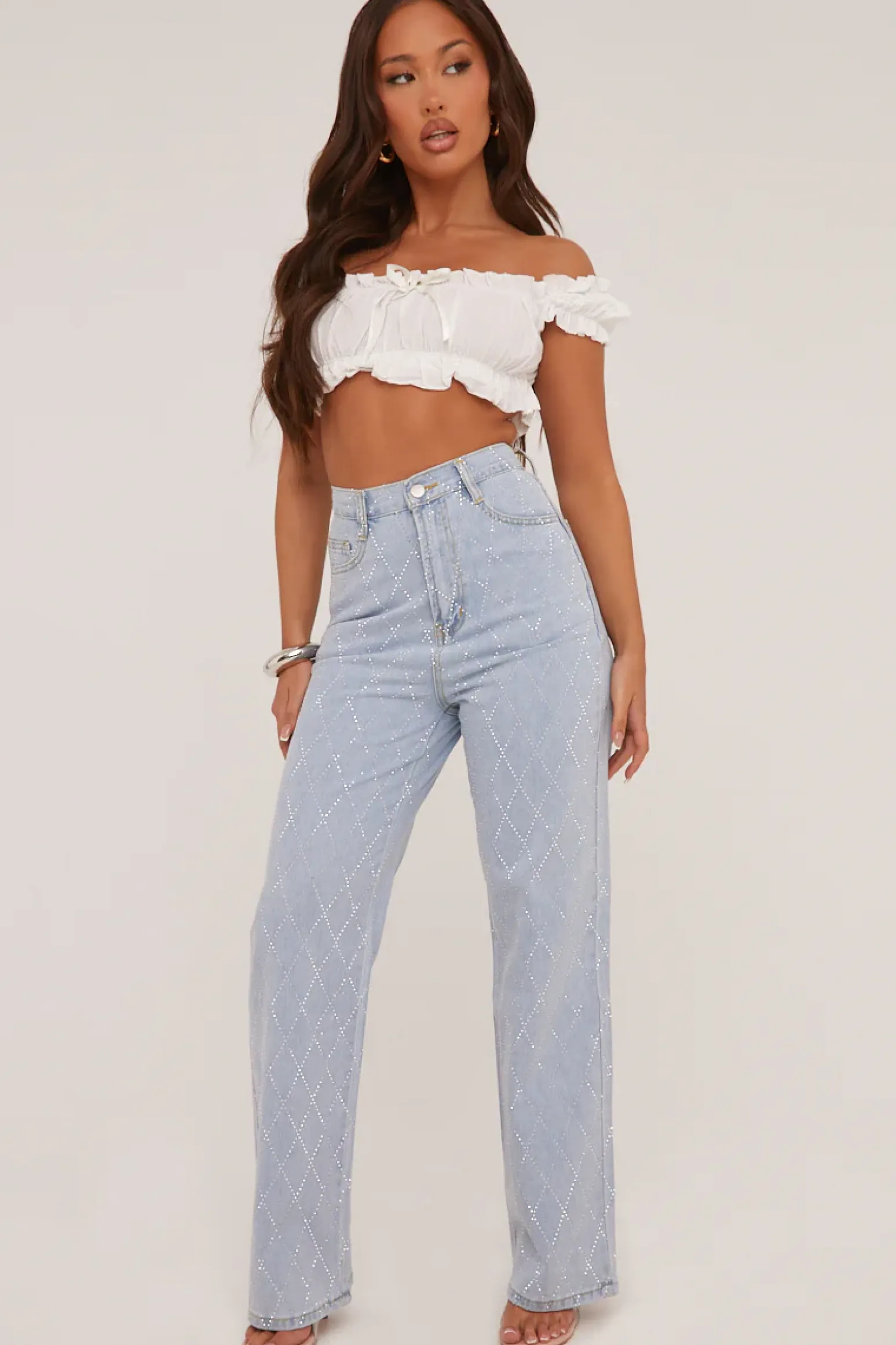 Rebellious Fashion Light Blue Diamante Detail Straight Leg Jeans - Imaan