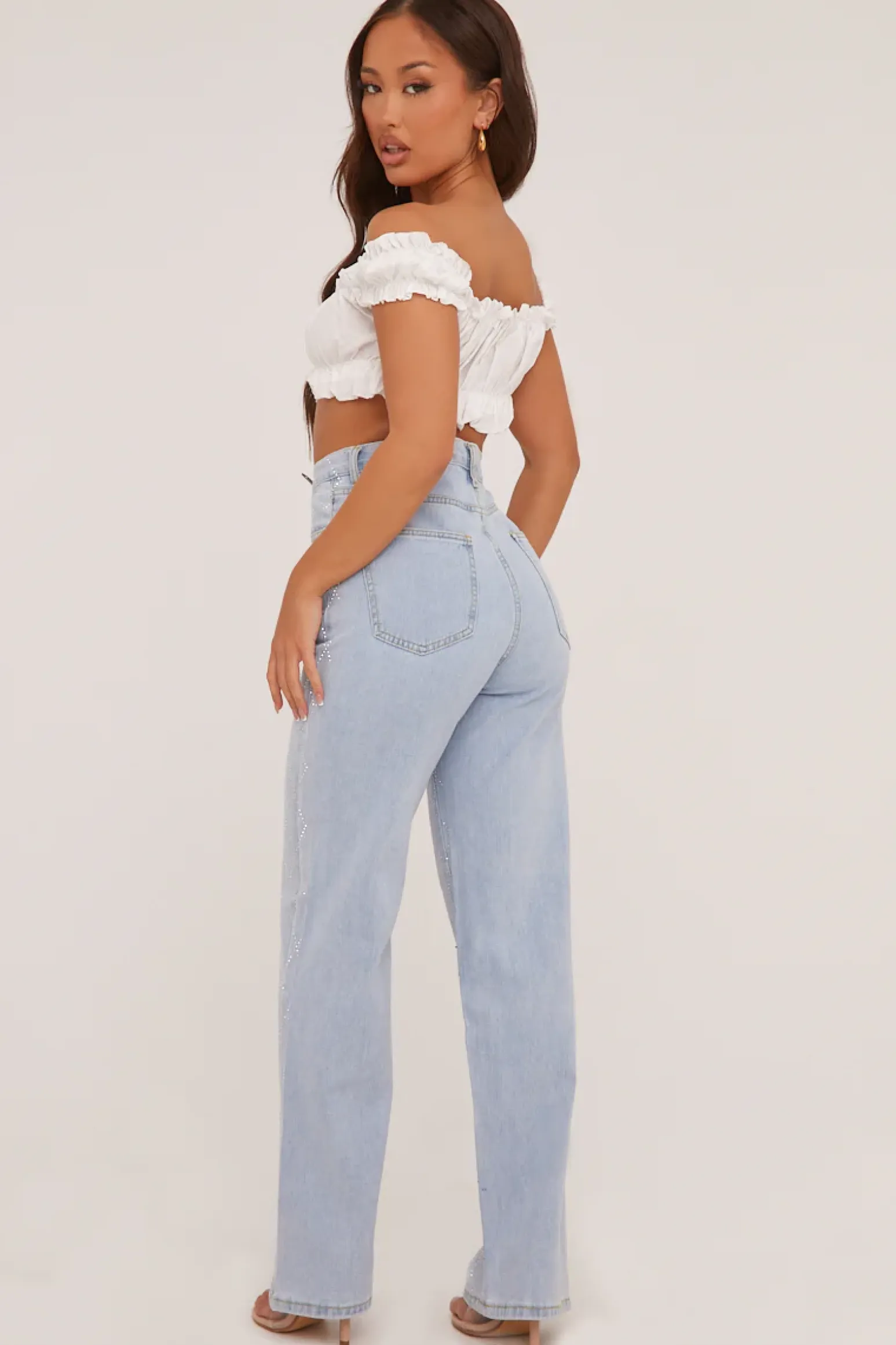 Rebellious Fashion Light Blue Diamante Detail Straight Leg Jeans - Imaan