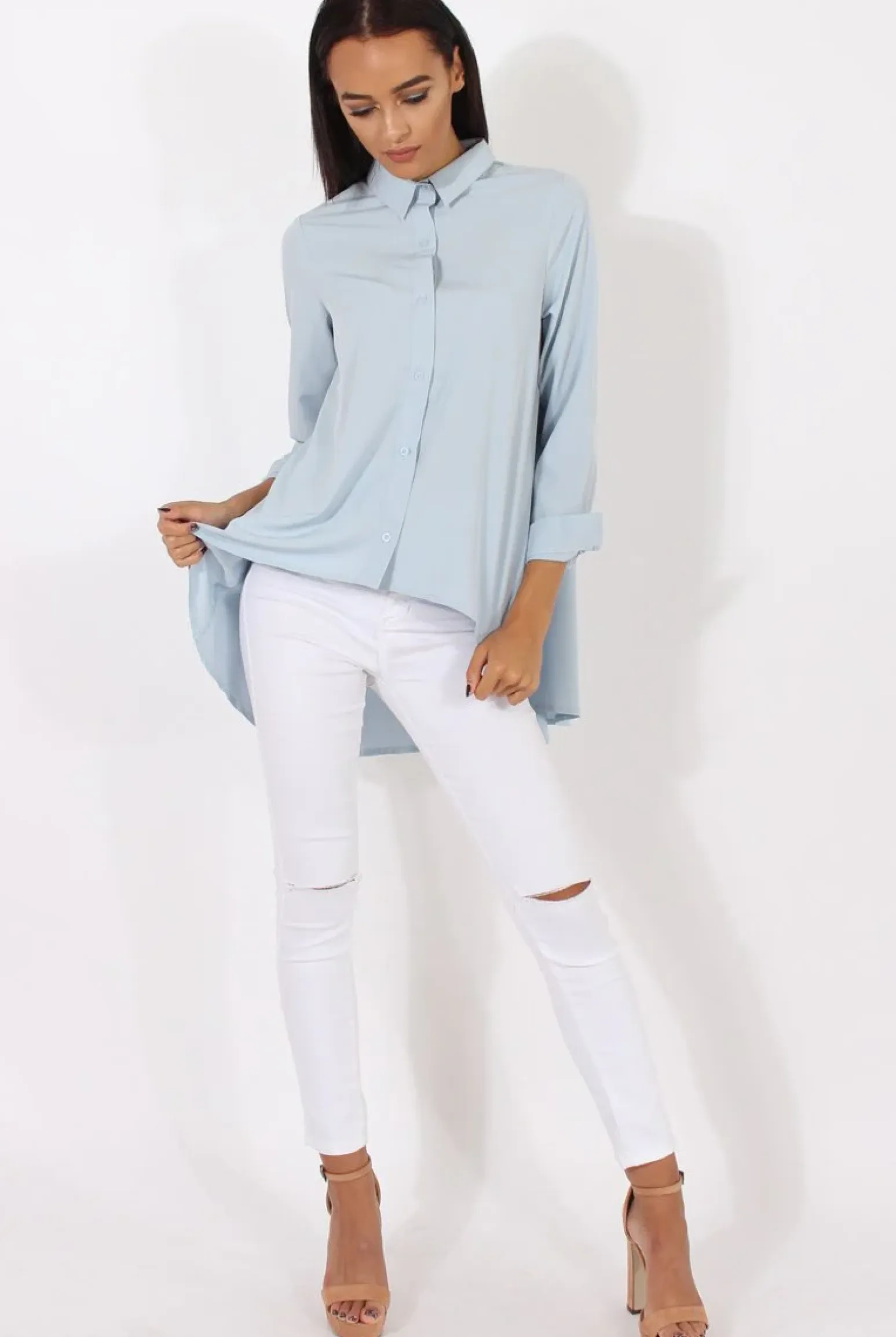 Rebellious Fashion Light Blue Dipped Hem Shirt - Paloma