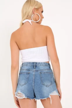 Rebellious Fashion Light Blue Distressed Angle Hem Shorts - Evanne
