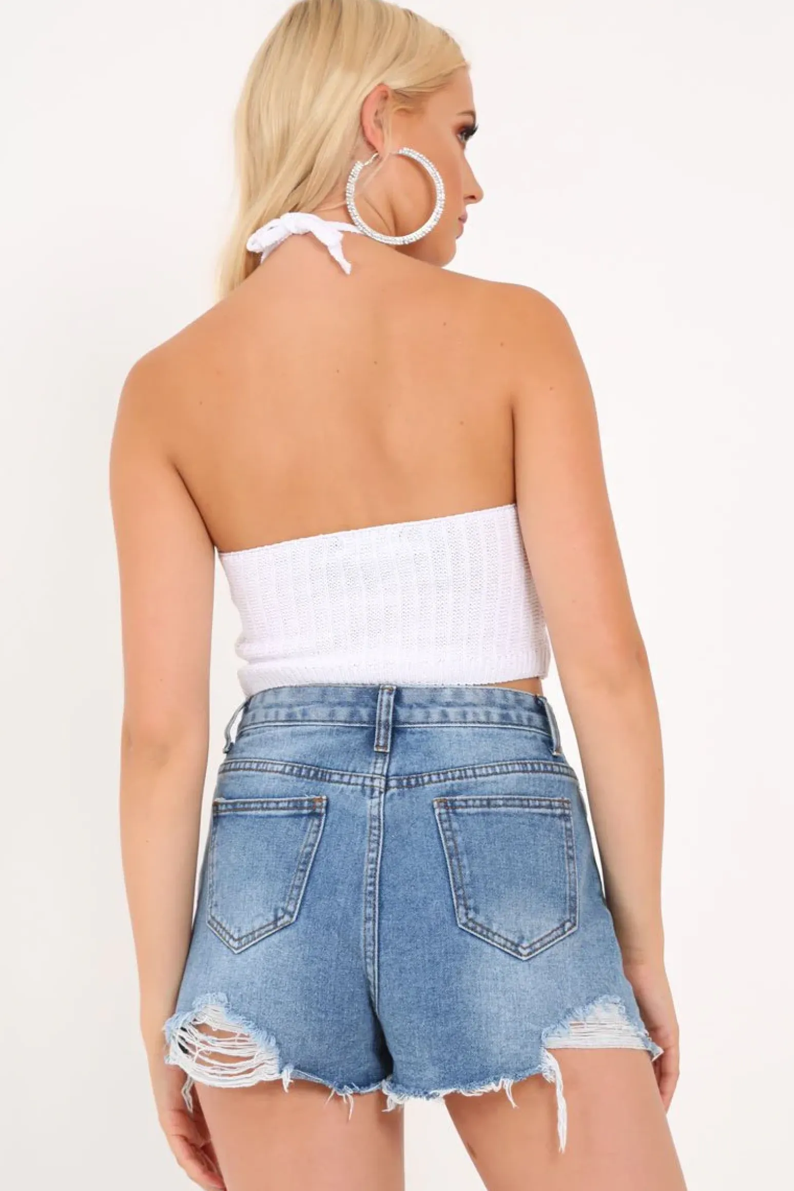 Rebellious Fashion Light Blue Distressed Angle Hem Shorts - Evanne