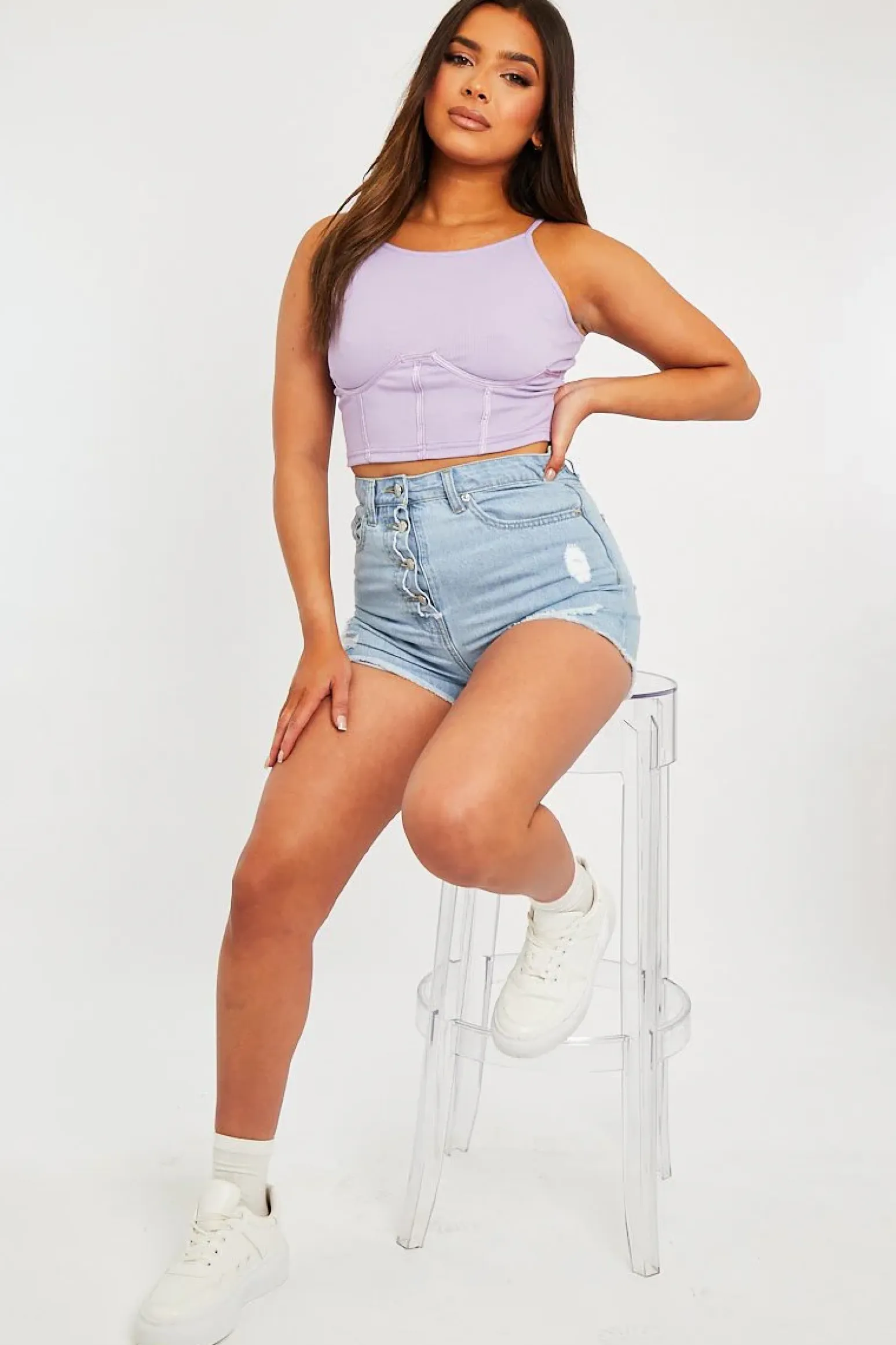 Rebellious Fashion Light Blue Distressed Button Fly Denim Shorts - Georgia