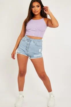 Rebellious Fashion Light Blue Distressed Button Fly Denim Shorts - Georgia