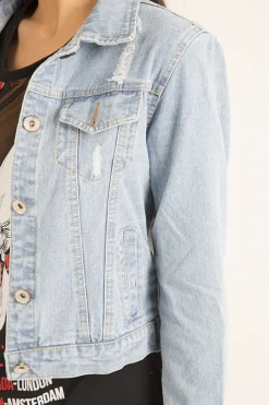 Rebellious Fashion Light Blue Distressed Cropped Denim Jacket - Charlie