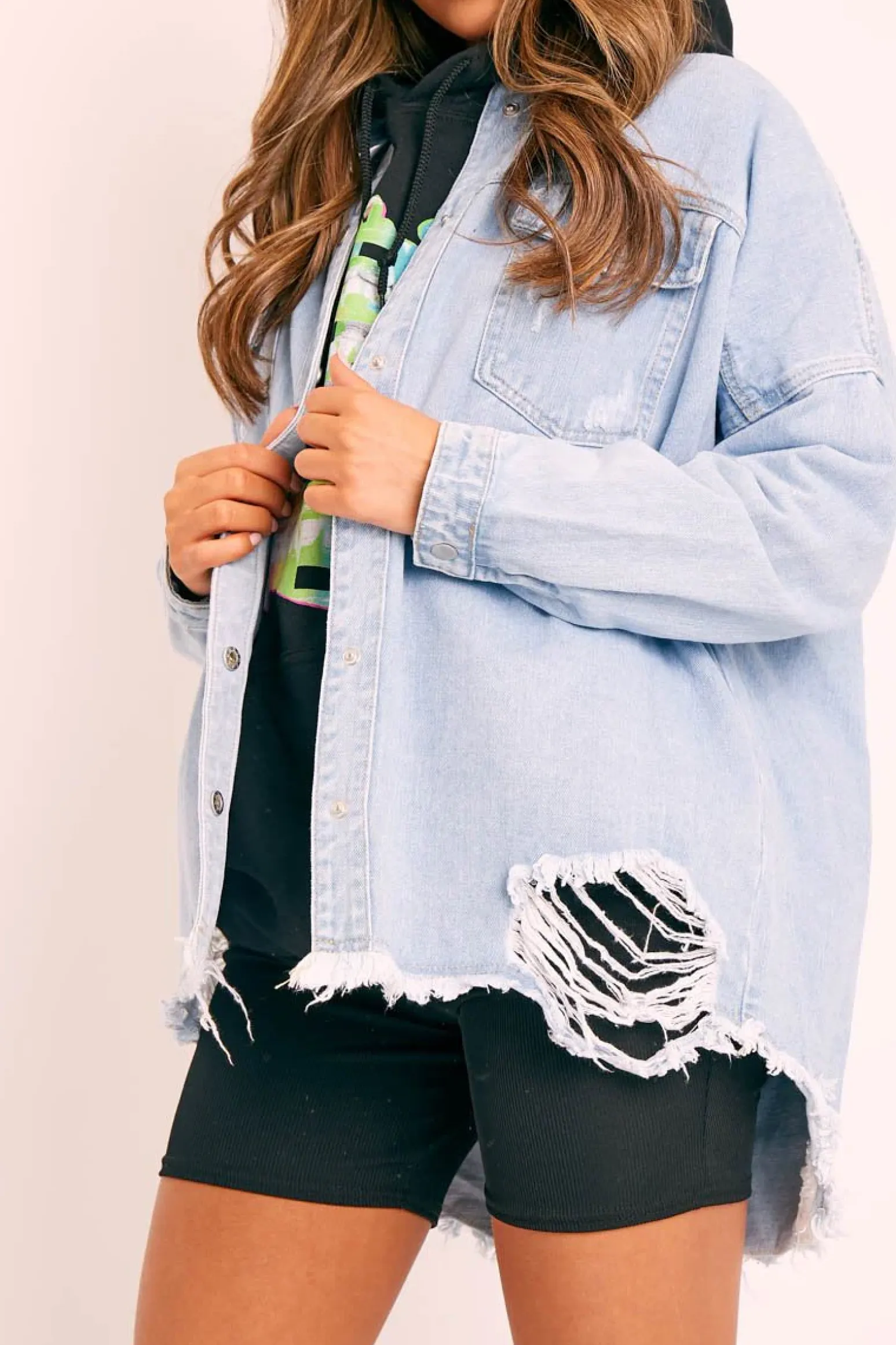 Rebellious Fashion Light Blue Distressed Denim Oversized Shirt - Deena