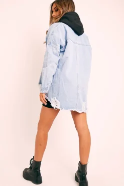 Rebellious Fashion Light Blue Distressed Denim Oversized Shirt - Deena