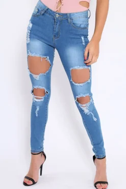 Rebellious Fashion Light Blue Distressed Extreme Cut Out Skinny Jeans - Lilie
