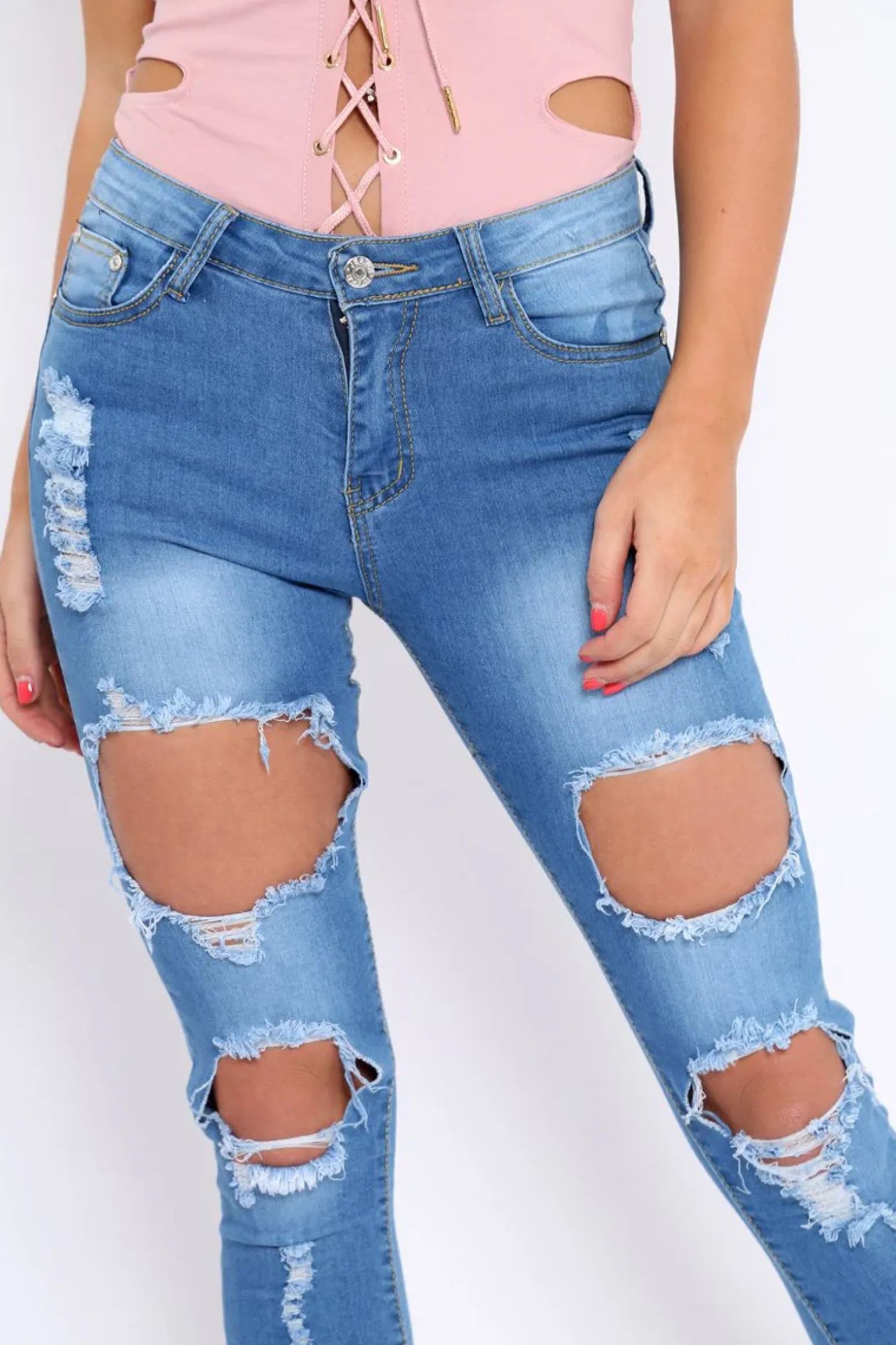 Rebellious Fashion Light Blue Distressed Extreme Cut Out Skinny Jeans - Lilie