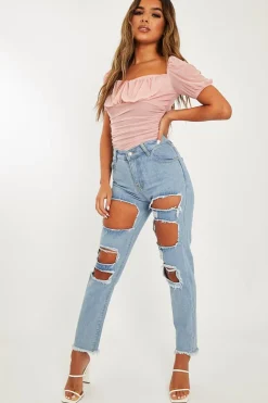 Rebellious Fashion Light Blue Distressed Rip Frayed Straight Mom Jeans - Erin