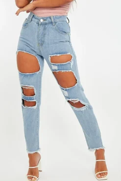 Rebellious Fashion Light Blue Distressed Rip Frayed Straight Mom Jeans - Erin