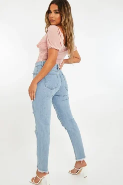 Rebellious Fashion Light Blue Distressed Rip Frayed Straight Mom Jeans - Erin