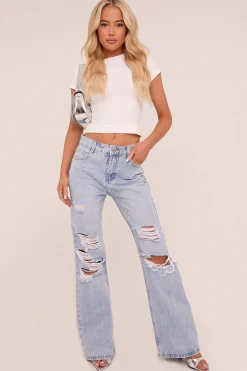 Rebellious Fashion Light Blue Distressed Straight Leg Jeans - Angela