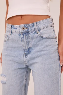 Rebellious Fashion Light Blue Distressed Straight Leg Jeans - Angela