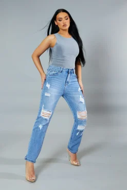 Rebellious Fashion Light Blue Distressed Straight Leg Jeans - Nikia