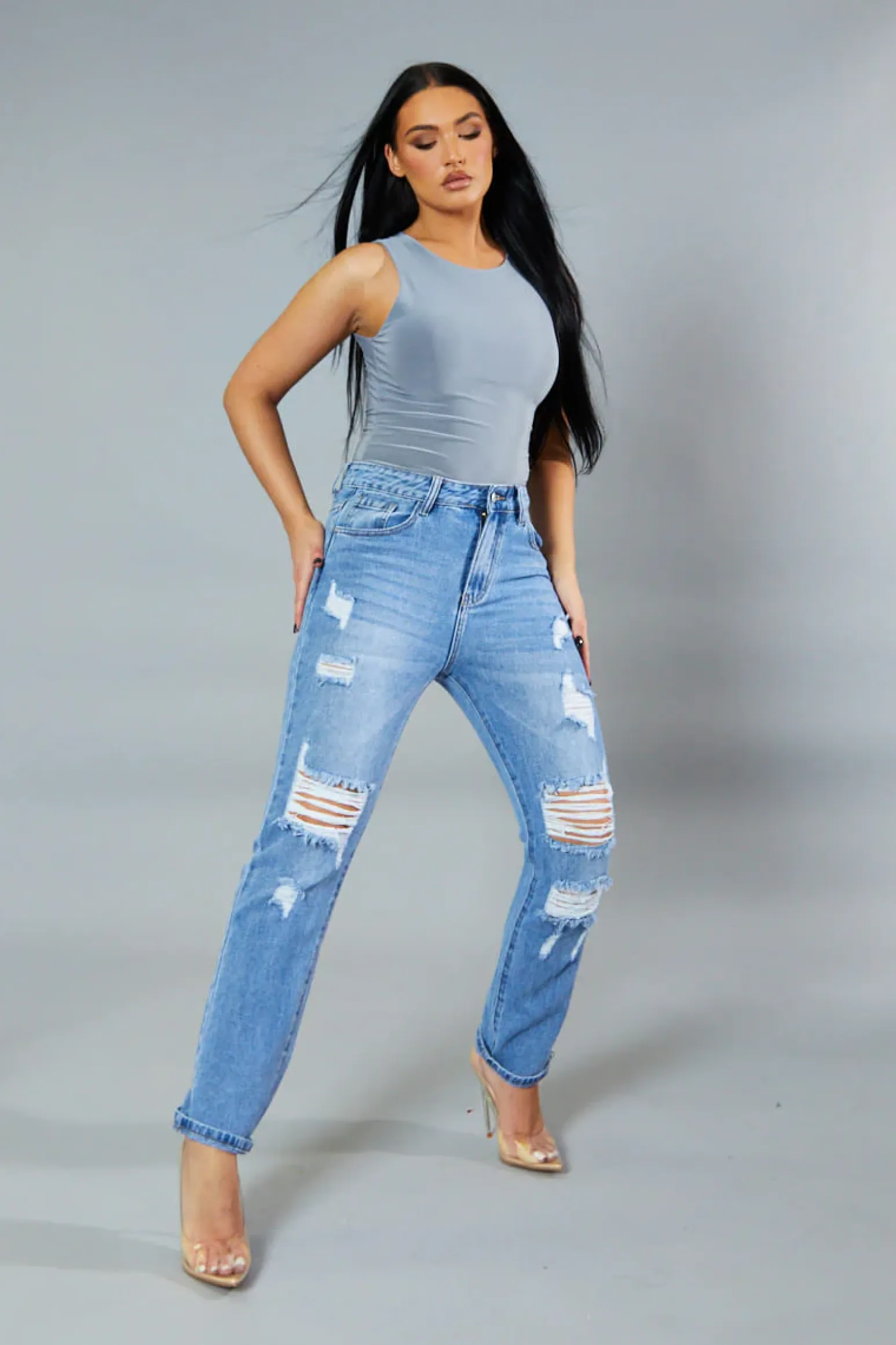 Rebellious Fashion Light Blue Distressed Straight Leg Jeans - Nikia