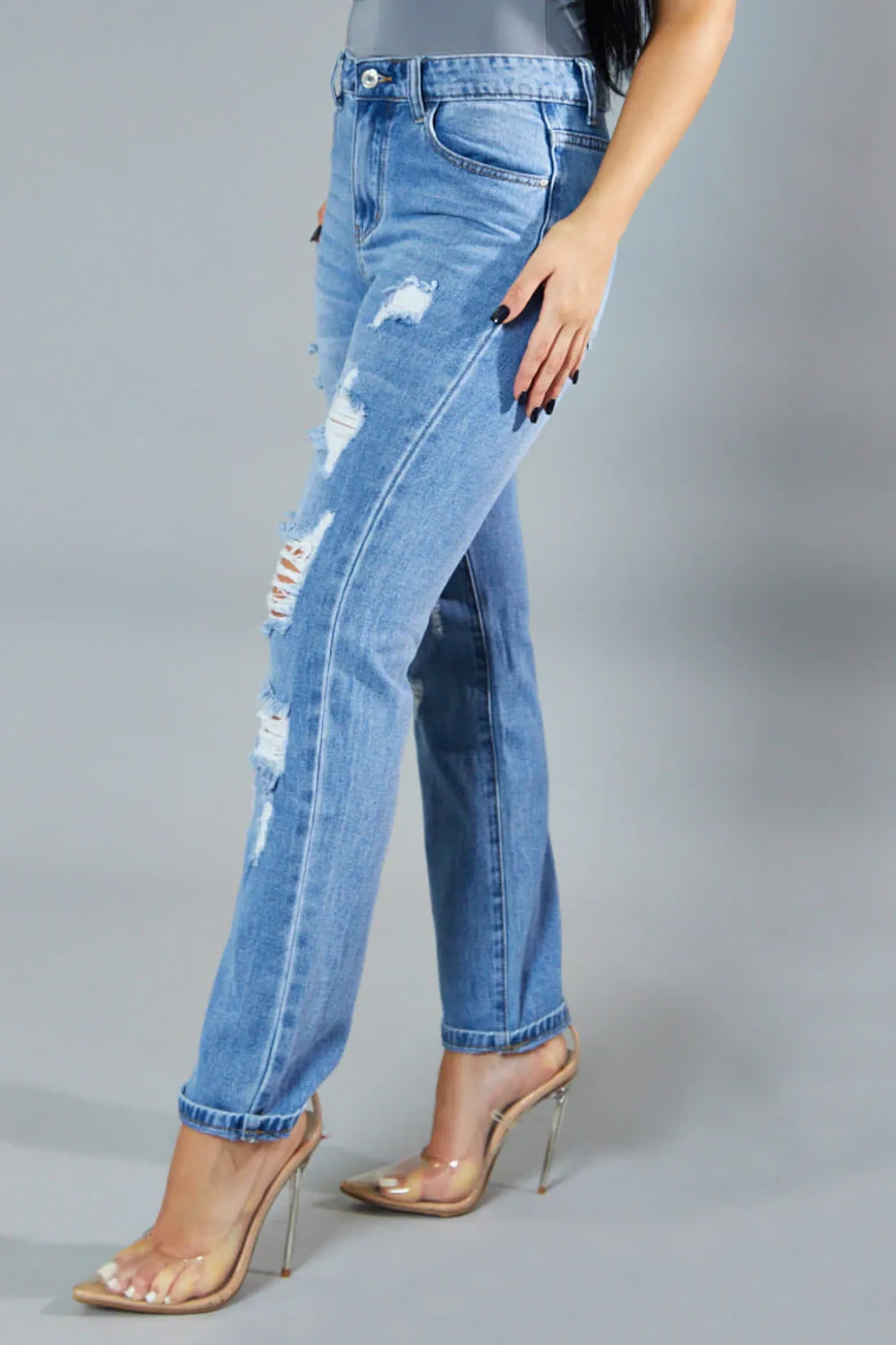 Rebellious Fashion Light Blue Distressed Straight Leg Jeans - Nikia