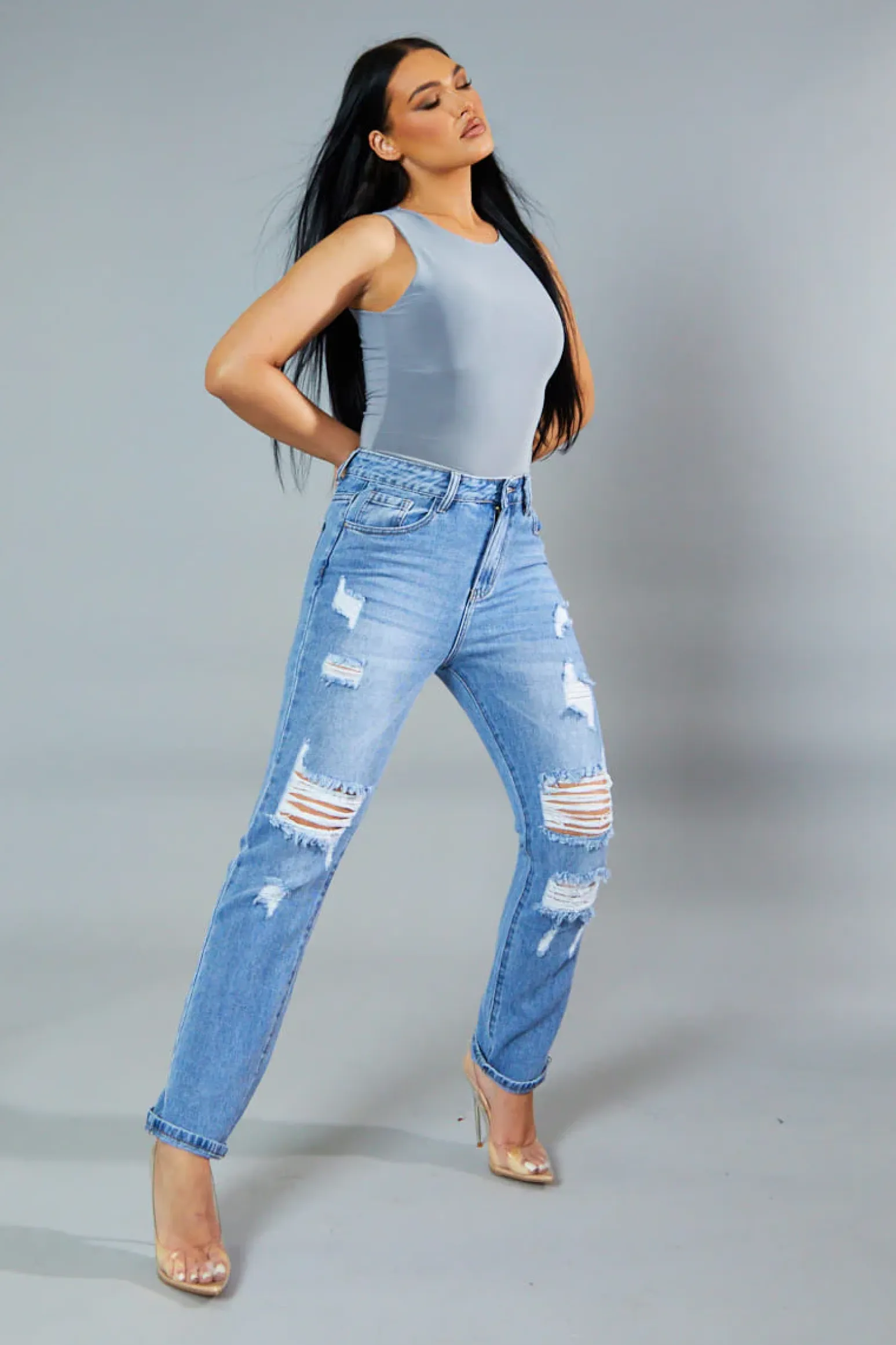 Rebellious Fashion Light Blue Distressed Straight Leg Jeans - Nikia