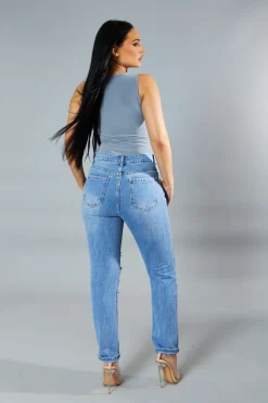 Rebellious Fashion Light Blue Distressed Straight Leg Jeans - Nikia