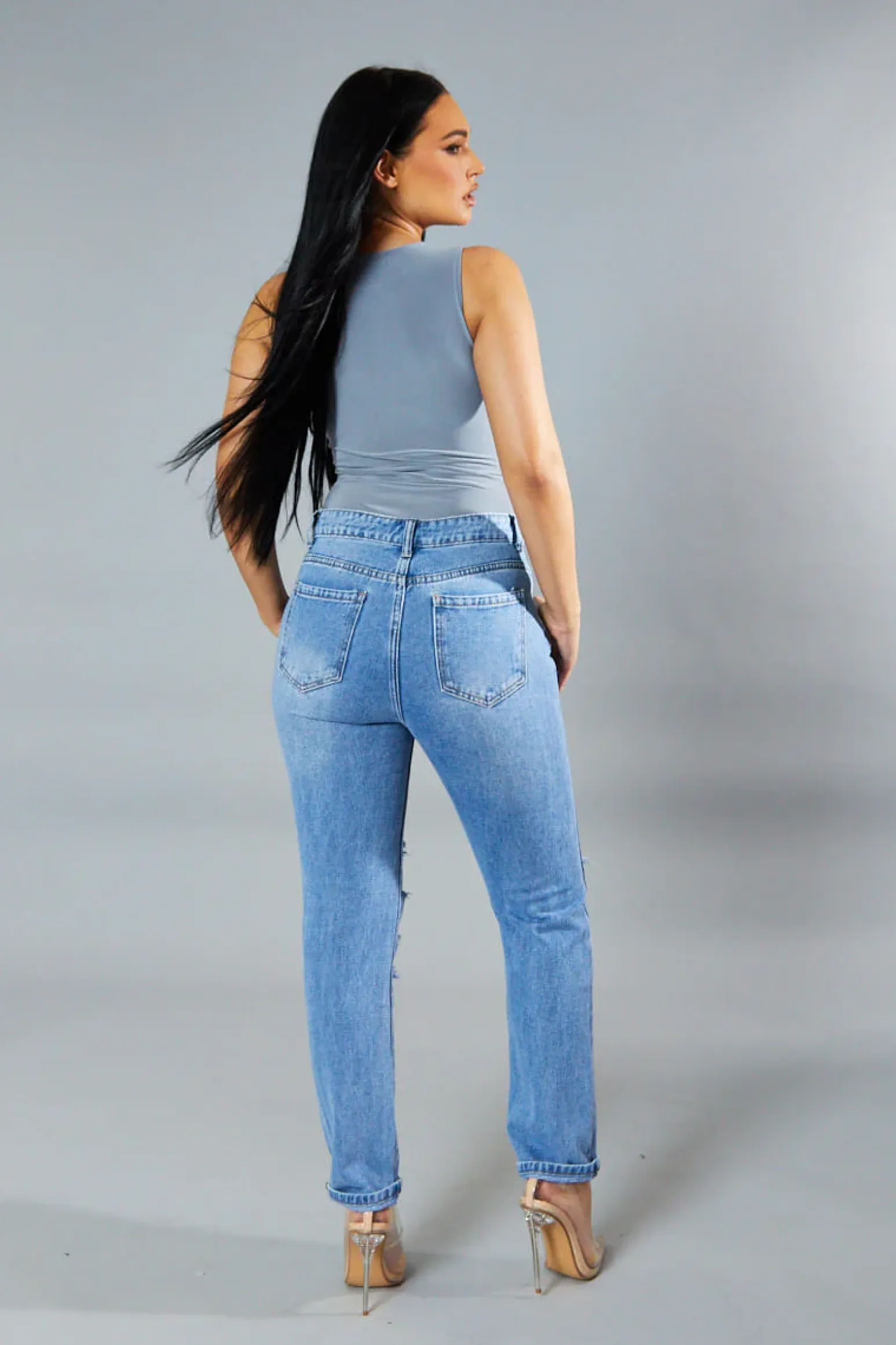 Rebellious Fashion Light Blue Distressed Straight Leg Jeans - Nikia