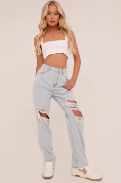 Rebellious Fashion Light Blue Distressed Straight Leg Jeans - Sawyer
