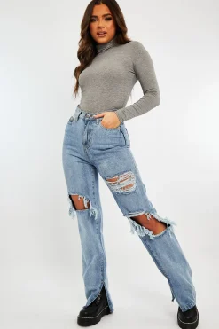 Rebellious Fashion Light Blue Extreme Rip Inside Leg Split Straight Jeans - Rosina