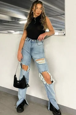 Rebellious Fashion Light Blue Extreme Rip Inside Leg Split Straight Jeans - Rosina