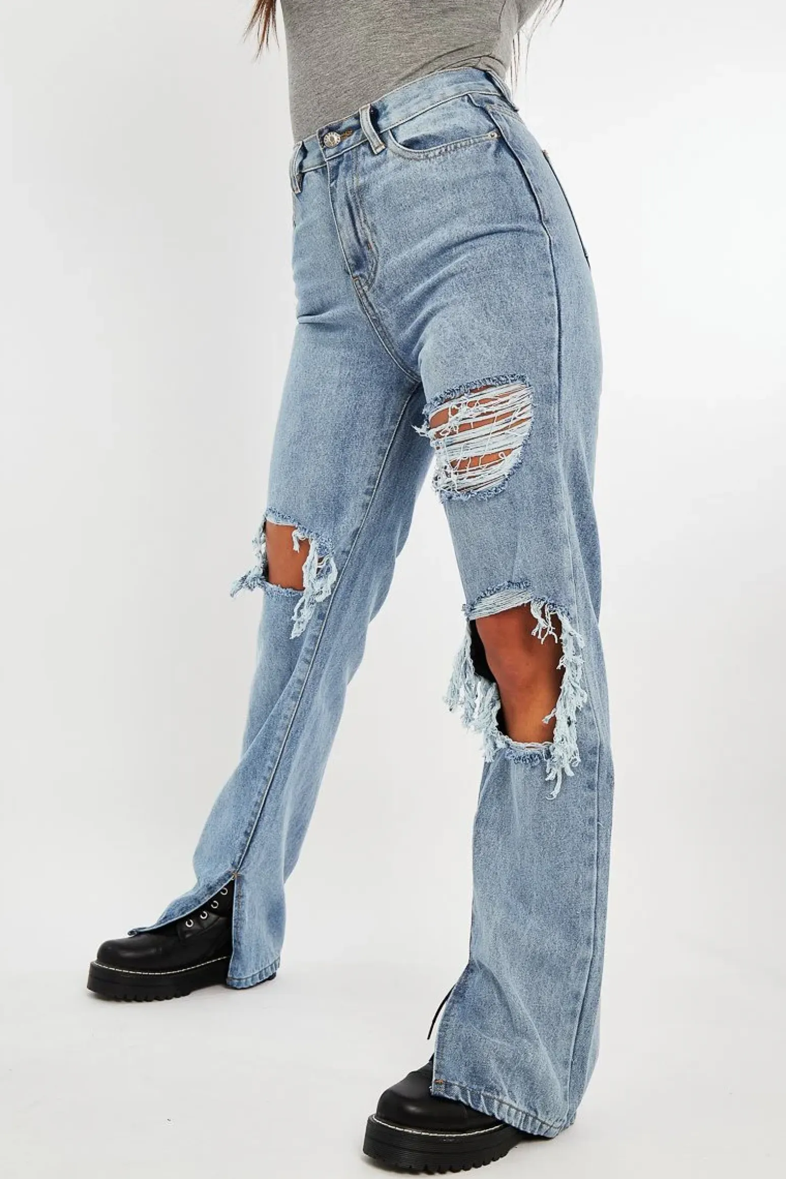 Rebellious Fashion Light Blue Extreme Rip Inside Leg Split Straight Jeans - Rosina