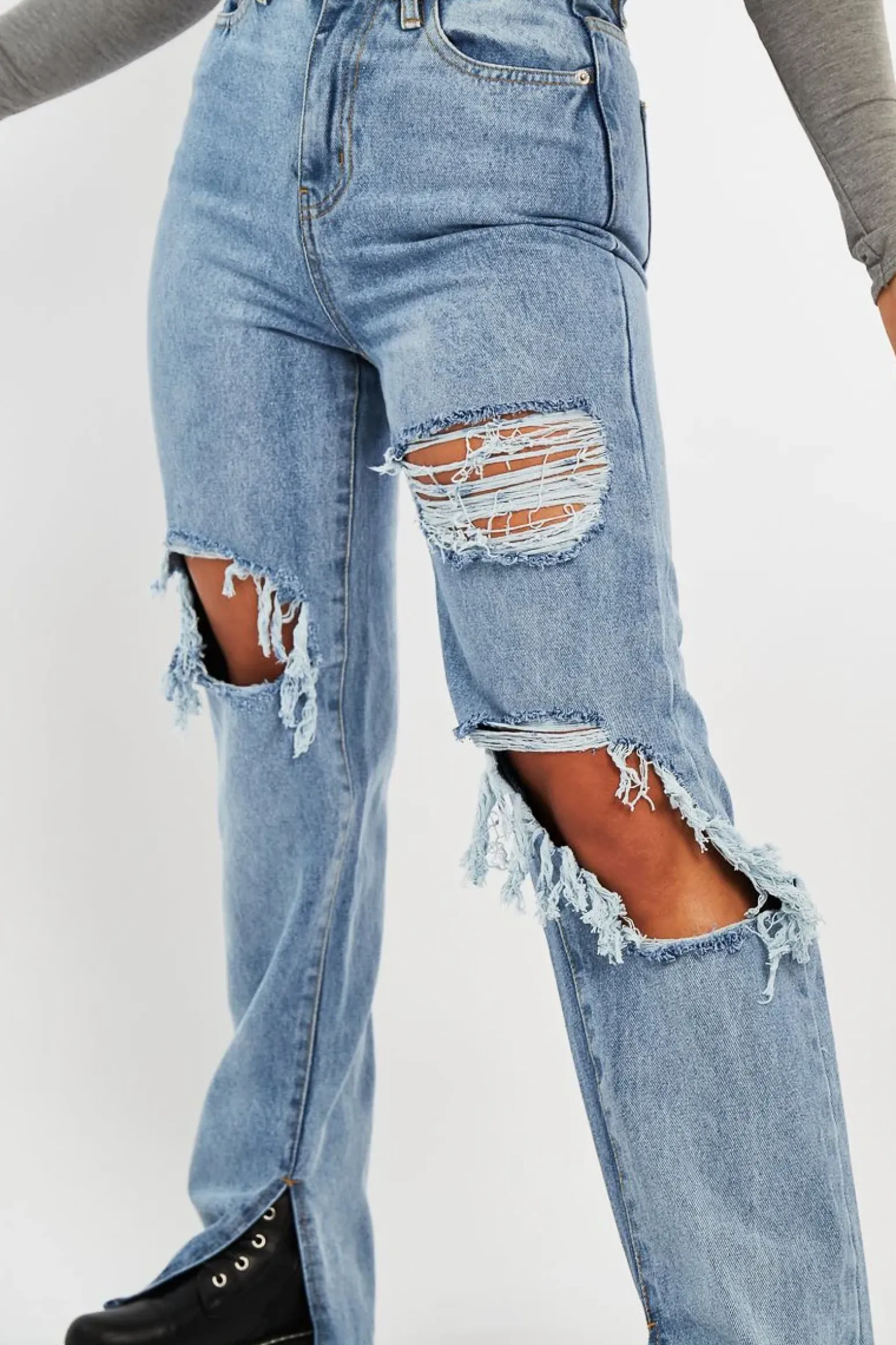 Rebellious Fashion Light Blue Extreme Rip Inside Leg Split Straight Jeans - Rosina