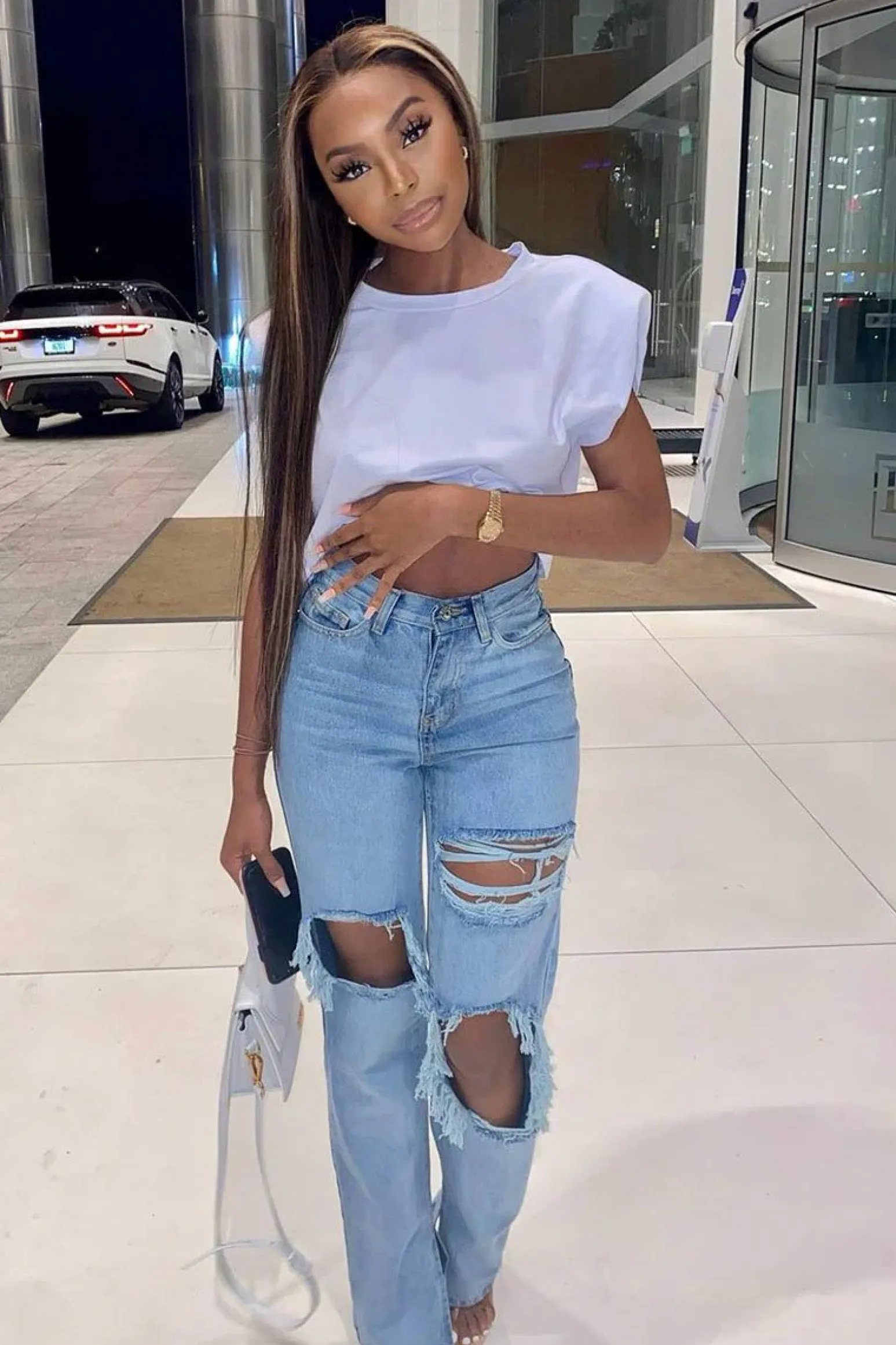Rebellious Fashion Light Blue Extreme Rip Inside Leg Split Straight Jeans - Rosina