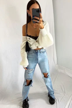 Rebellious Fashion Light Blue Extreme Rip Inside Leg Split Straight Jeans - Rosina