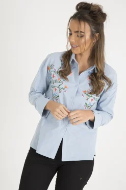 Rebellious Fashion Light Blue Floral Embroidered Shirt - Kara