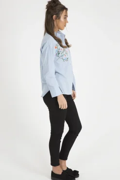 Rebellious Fashion Light Blue Floral Embroidered Shirt - Kara
