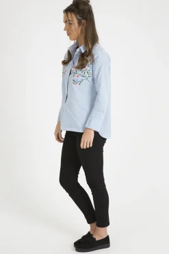 Rebellious Fashion Light Blue Floral Embroidered Shirt - Kara