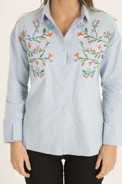Rebellious Fashion Light Blue Floral Embroidered Shirt - Kara