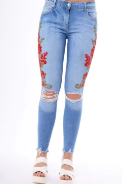 Rebellious Fashion Light Blue Floral Embroidered Ripped Knee Skinny Jeans - Myah
