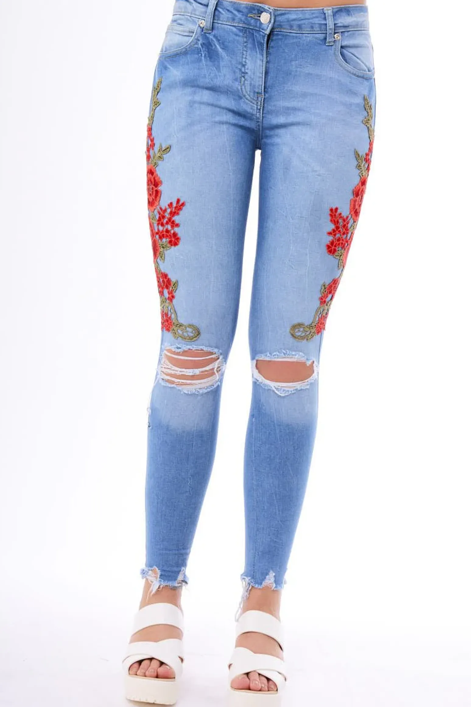 Rebellious Fashion Light Blue Floral Embroidered Ripped Knee Skinny Jeans - Myah