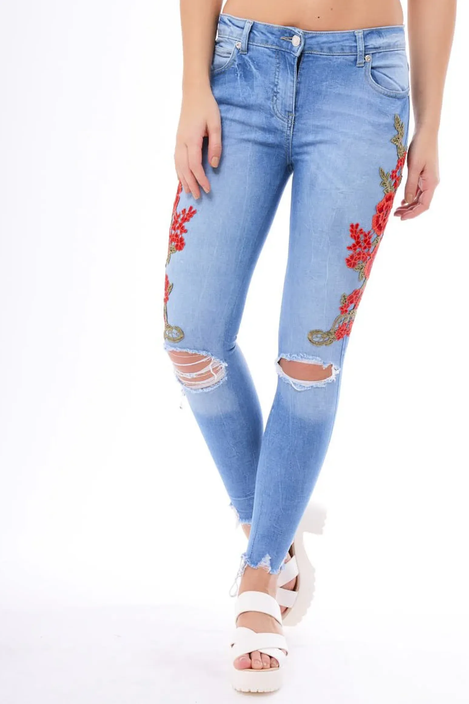 Rebellious Fashion Light Blue Floral Embroidered Ripped Knee Skinny Jeans - Myah